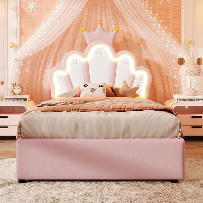 Lit princesse rembourré hydraulique 90 x 200 cm LED – PU rose tête de lit réglable rangement (sans matelas)