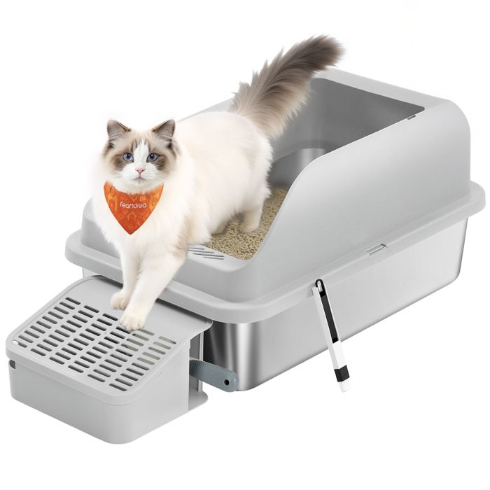 Comparer les prix de Bac à litière pour chat - Feandrea - Acier inoxydable - Bords hauts - Gris tourterelle