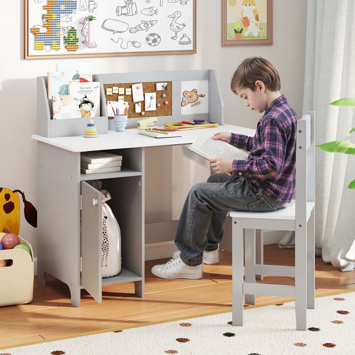 GOPLUS Bureau Enfant avec Chaise-90x45x86CM-1 Armoire à Porte+Bibliothèque Dessus+Tableau dAffichage-Gris