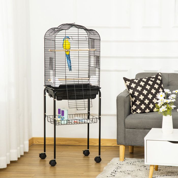 Cage à oiseaux volière pour oiseaux sur roulettes avec toit ouvrant 3 perchoirs étagère inférieure 46 x 36 x 130 cm noir-AOSOM.fr