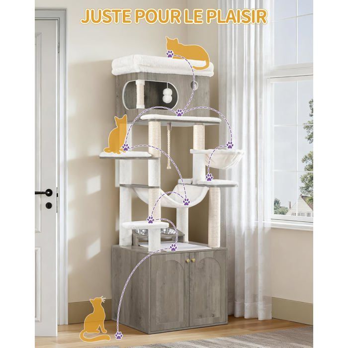 Arbre à Chat avec Meuble Litiere Chat Mangeoire Hauteur 176 cm avec Grande Plateforme Corde en Sisal Coussin Lavable Greige