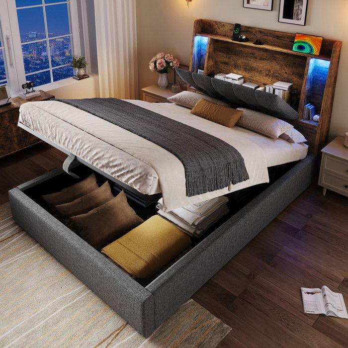 Lit coffre rembourré 90x200 cm - Chargement USB Type-C - Compartiment de rangement - LED - Lin - Gris (sans matelas)