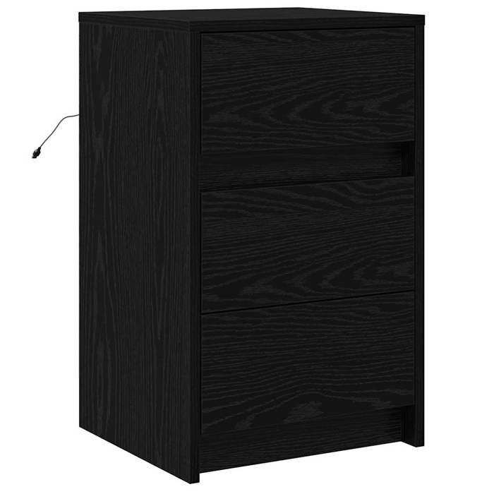 Table de chevet moderne - GKO - Chêne noir - Bois dingénierie - 38x34x61 cm - 3 tiroirs - Éclairage LED USB