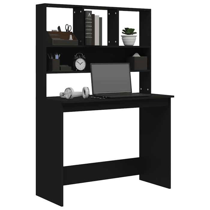 Bureau avec étagères - WIENS - Noir - 102x45x148 cm - Bois dingénierie - Grand espace de rangement - Facile à nettoyer