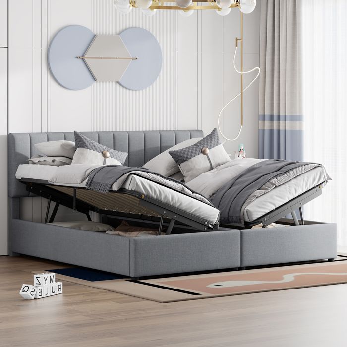 Lit coffre 180x200 cm en tissu lin gris avec tête à rayures verticales et coffre hydraulique – Style classique