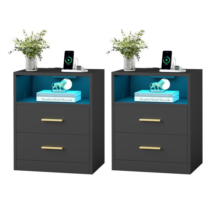 Lot de 2 Tables d’Appoint Modernes avec Tiroirs Lumières LED Multiprises et Ports USB pour Chambre Noir