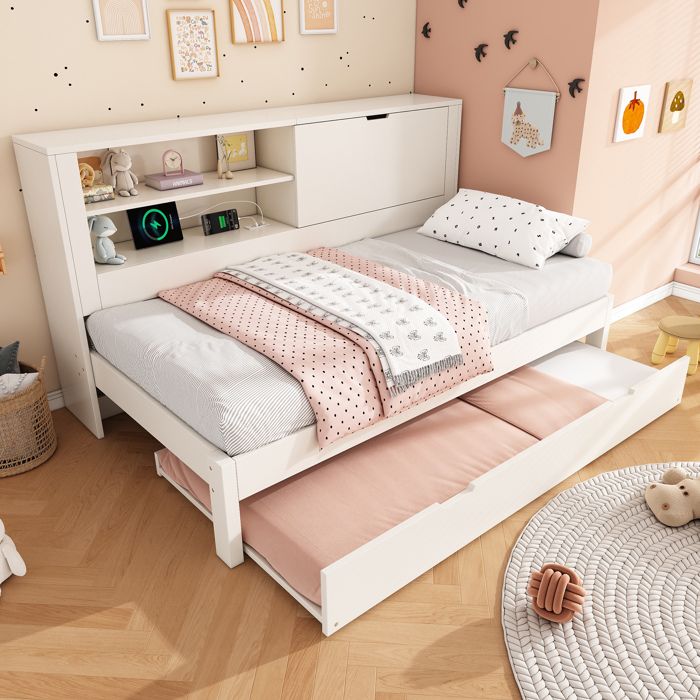 Lit banquette 90x200 cm avec lit gigogne 90x190. rangements tête de lit. ports USB/USB-C. bois blanc