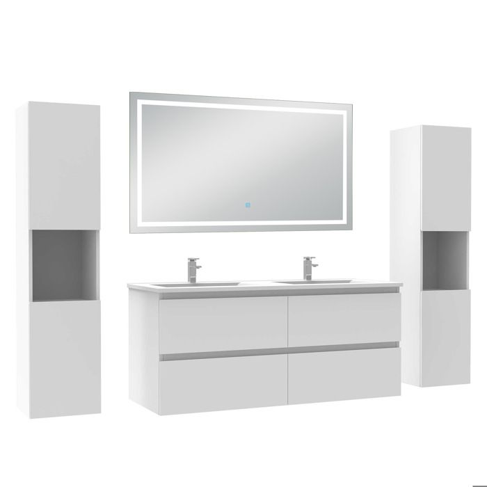 AICA Meuble de salle de bain 120 cm blanc mat avec Lavabo 2 colonnes + miroir LED 6000K dimmable AICA Meuble de salle de bain 120 cm blanc mat avec Lavabo 2 colonnes + miroir LED 6000K dimmable