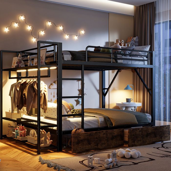 Lit superposé enfant noir 140 × 200 cm en métal avec LED et rangements