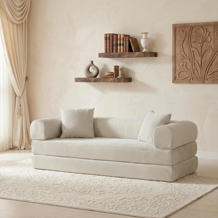 Canapé convertible FurnitureR sans montage avec 2 étagères murales sofa tatami pliable en velours côtelé – Beige