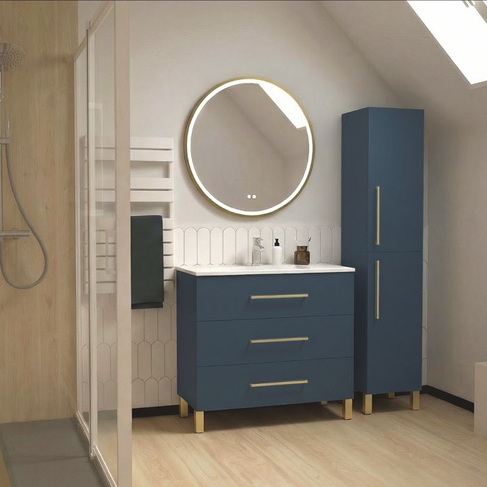 ONDEE ZEN Meuble à poser MONACO - Dim 90cm - Bleu Minéral - Mir ALEXINE - Poignées Dorées
