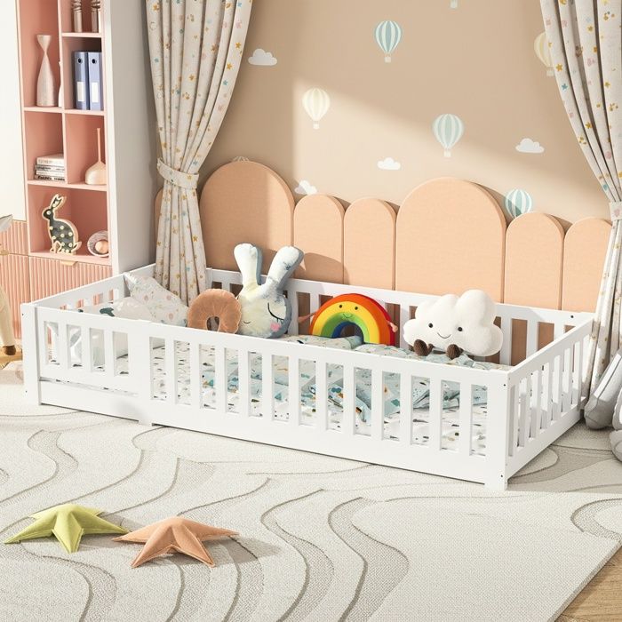 Lit enfant 90x200cm - Lit simple bois avec barrière anti-chute - Sommier à lattes - Lit jeunesse sans matelas