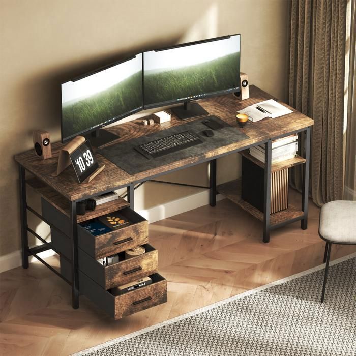 Bureau 3 Tiroirs 140 × 60 ×75 cm Bureau Gaming avec 3 étagères Bureau ergonomique Brun
