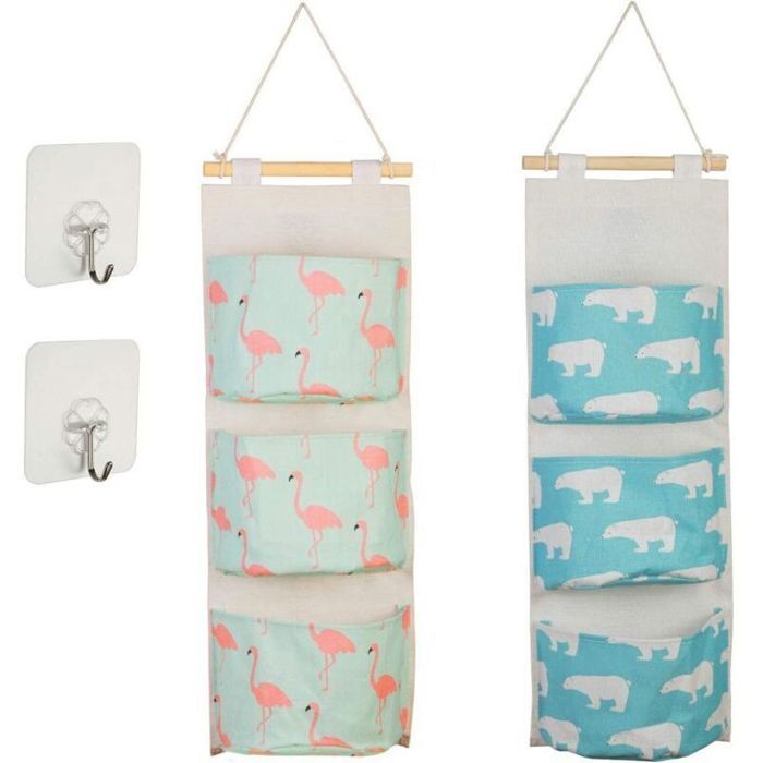 2 Pcs Sac de Rangement Suspendu Étagère Mural en tissu Panier Pochette de Rangement avec 3 Poches Sacs Organisateur Pour Chambr