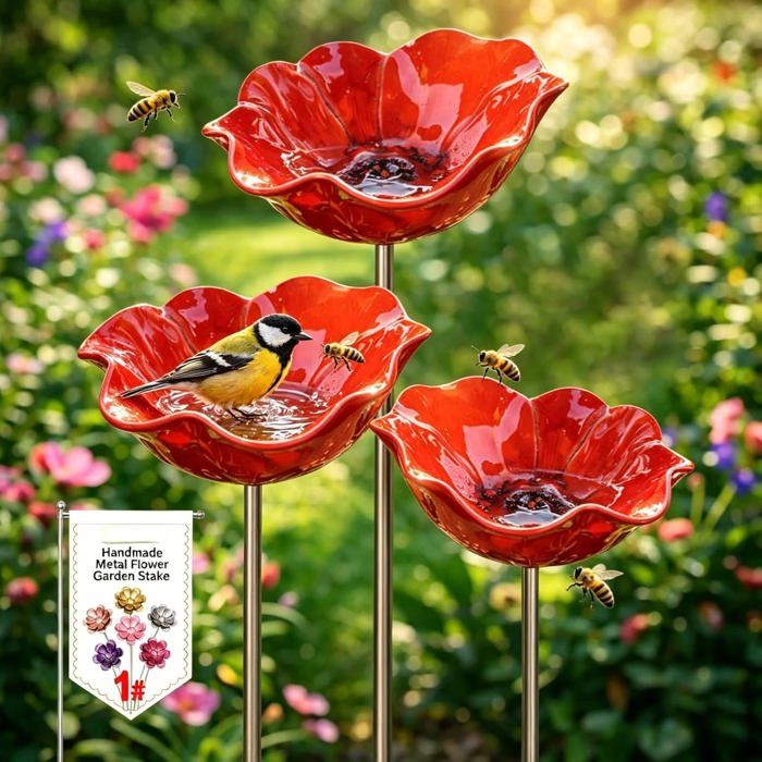 Lot De 3 Bains DOiseaux En Métal Avec Fleurs Brochettes De Jardin Artisanales Bains DOiseaux Et Abreuvoirs Anti-Insecte