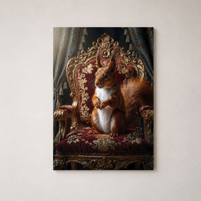 Affiche écureuil roux A3 fauteuil baroque - Poster déco animalier vintage