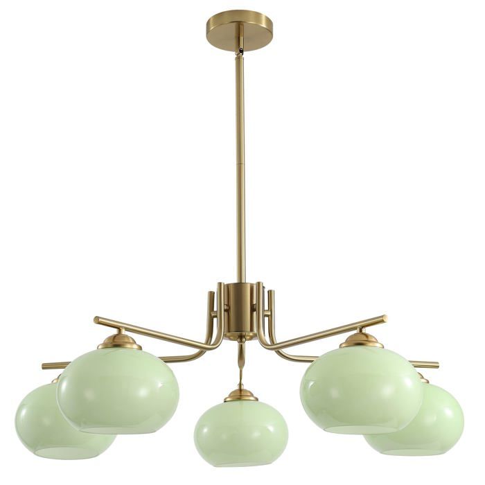 Lustre en verre vert à 5 lumières - Grand lustre globe en laiton brossé - Lustre Sputnik moderne du milieu du siècle - Pour salle