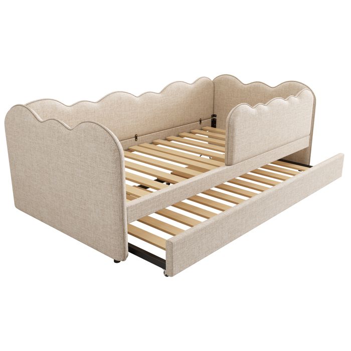 Lit enfant banquette 90x190 cm avec couchage tiroir sommier à lattes lin beige sans matelas