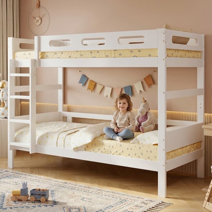 Lit superposé enfant 90x200 cm avec échelle garde corps et sommier bois design minimaliste，séparable，blanc