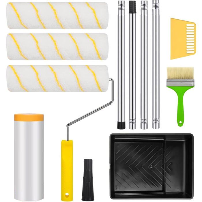 Kit daccessoires de peinture - 3 rouleaux de 22 cm et poignée télescopique 152 cm - avec pinceau raclette et bac à peinture
