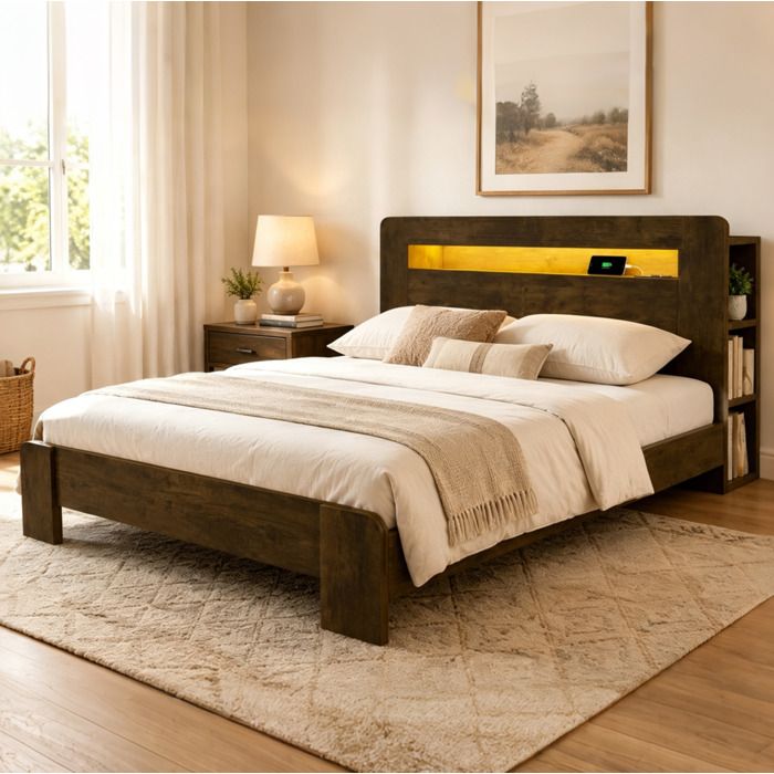 Lit plateforme en bois 140 x 200 cm avec tête de lit à rangement LED et prises intégrées finition bois vintage