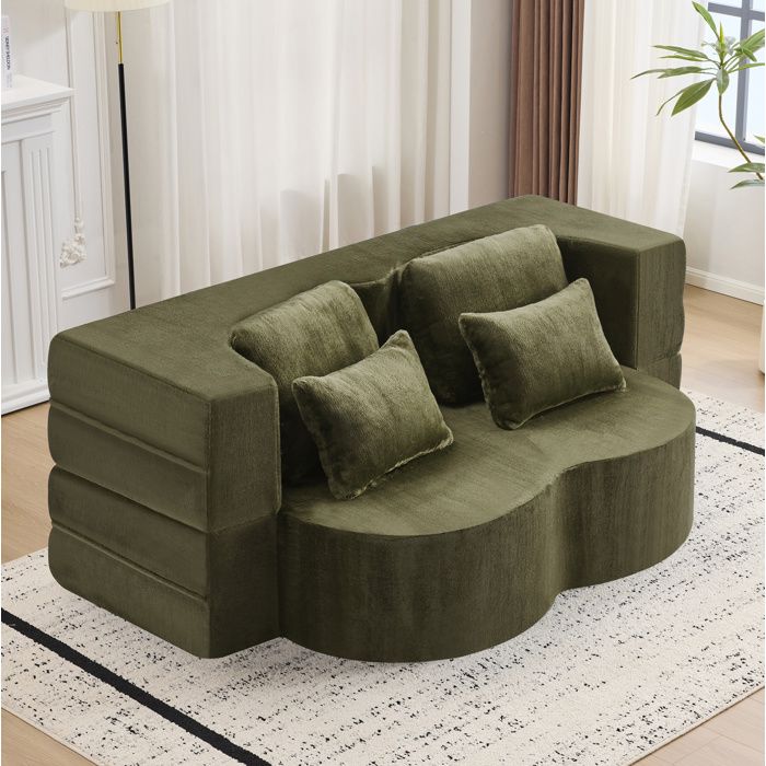 Canapé de sol convertible 2-en-1 vert en flanelle mousse haute densité 4 coussins sans montage