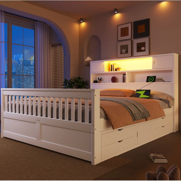 Lit plateforme blanc 160 x 200 cm avec tête de lit bibliothèque LED intégrée et 4 tiroirs