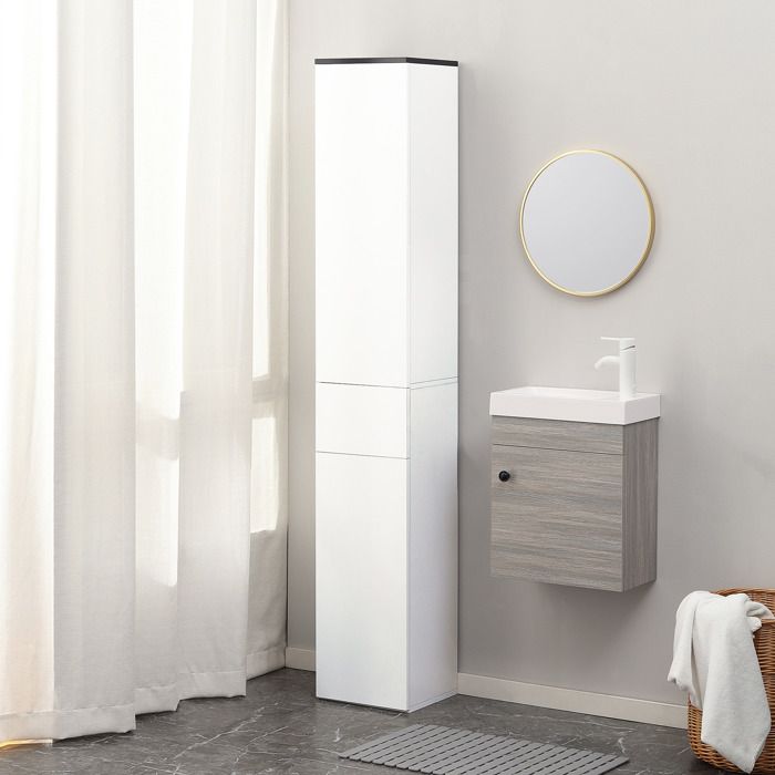 Meuble de salle de bain 30 x 28 x 180 cm blanc étagère réglable 2 étagères fermées et tiroir en bois
