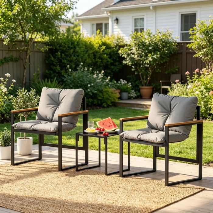Ensemble salon jardin 3 pièces noir gris table 40x40 + 2 fauteuils 64x62x68 mobilier extérieur minimaliste Ensemble salon jardin 3 pièces noir gris table 40x40 + 2 fauteuils 64x62x68 mobilier extérieur minimaliste