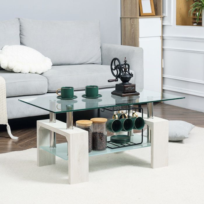 Table basse moderne 2 niveaux en verre et bois 90 x 50 x 42 cm blanc
