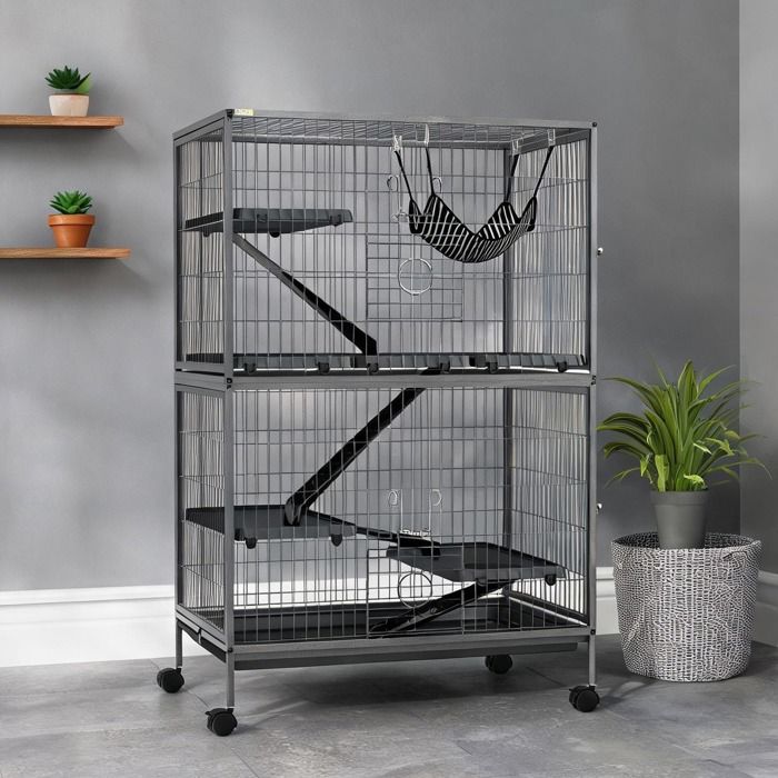 Cage acier gris ardoise pour rongeurs 4 étages 80x52x128 cm avec roulettes