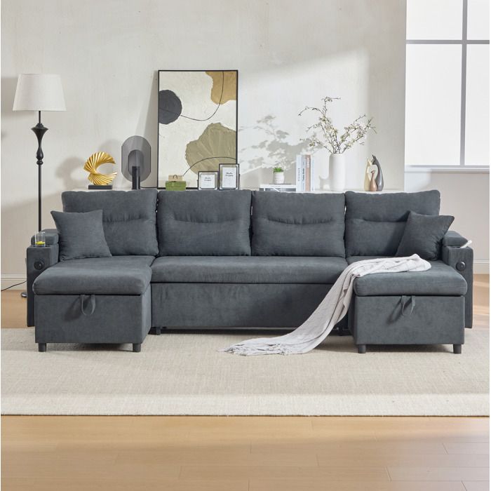 MEUBLIV Canape convertible 4 places 272 x 136 x 86 cm double meridienne rangement USB Type-C gris fonce