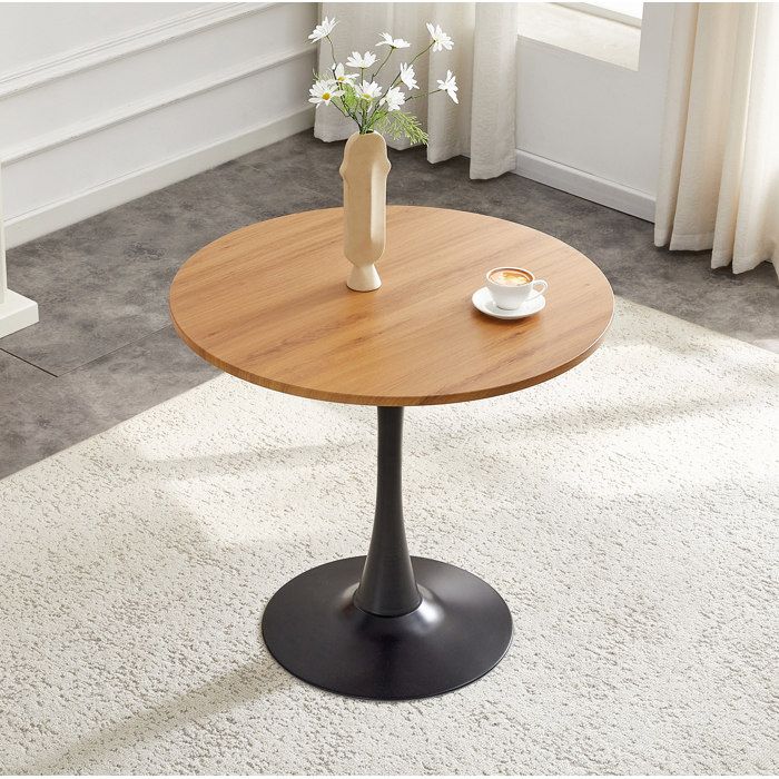 Table à manger ronde 80 cm design tulipe plateau aspect bois en MDF et pied central en métal sans chaises