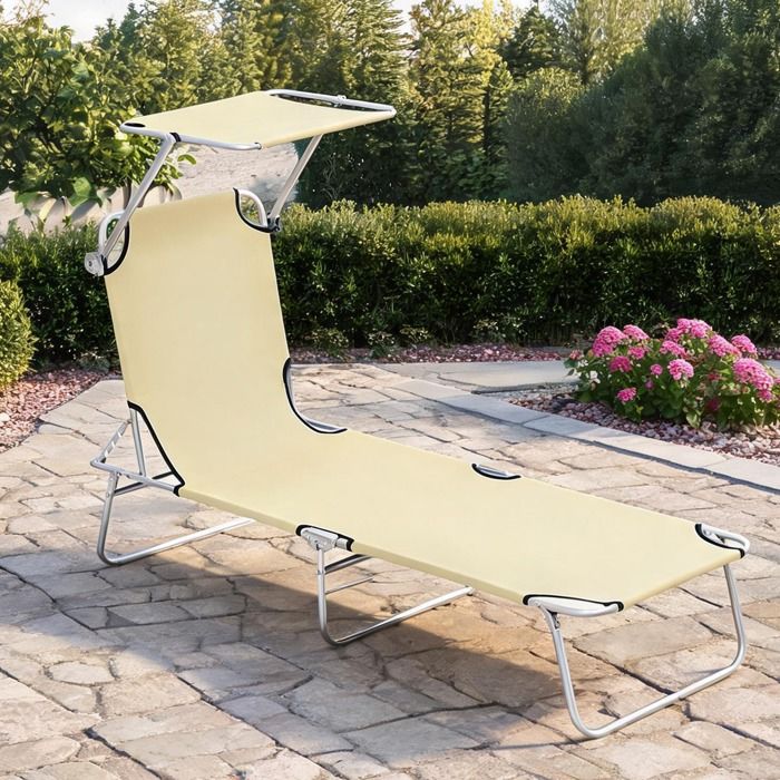 Chaise longue pliante beige avec pare-soleil 4 positions métal et Oxford