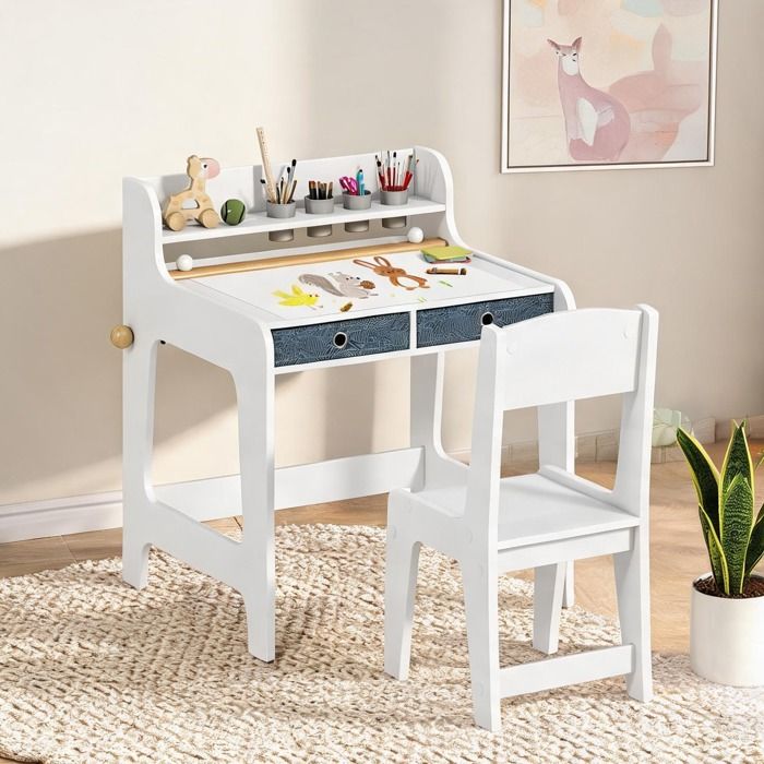 Ensemble bureau et chaise enfant en MDF blanc avec rangement et porte-gobelets 628x556x738 cm chambre