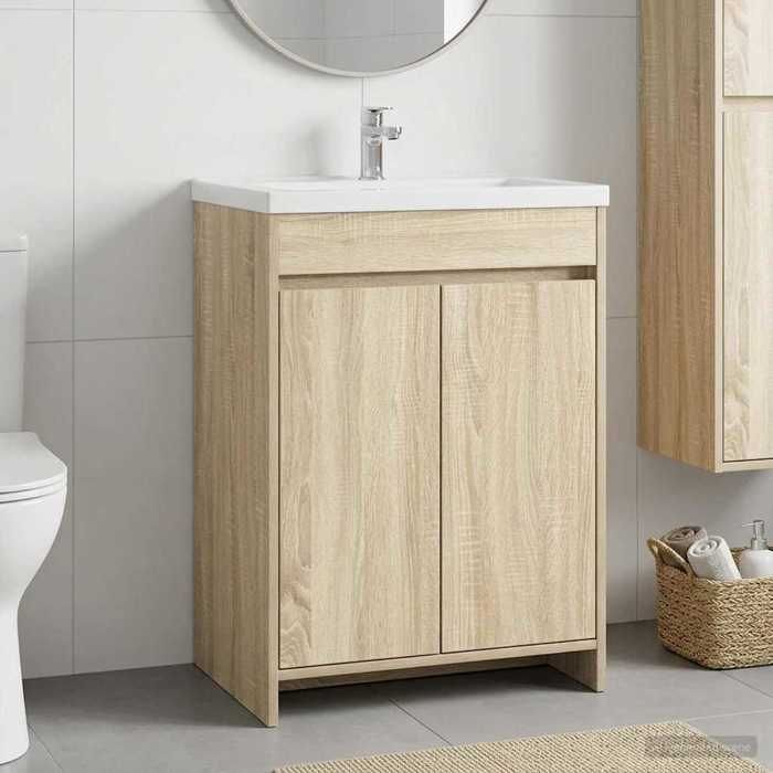 vidaXL Meuble Sous Lavabo de Salle de Bain Chêne Sonoma 56 x 375 x 81 cm en Bois dingénierie avec solution lavabo 68063