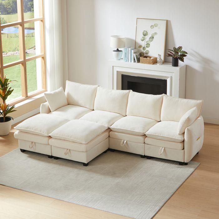 Canapé modulable en U ou L AESVAR 6 places avec rangement chenille beige 2 poufs inclus