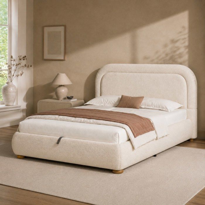 Lit double capitonné 140x190 - tête de lit rembourrée en bouclé beige sommier à lattes réglable hydraulique rangement