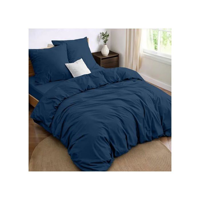 Parure de lit - DREAMZIE - DZ_PLMFDH - Bleu foncé - Microfibre Oeko-Tex - Drap-housse poches 30 cm