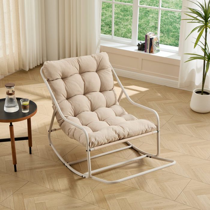 Fauteuil à bascule extérieur intérieur beige avec coussin épais structure en acier thermolaqué style moderne ORVRYN