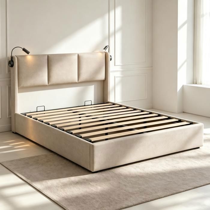 Lit Coffre 160x200 Wnvivi Tissu Lin Beige Rangement Hydraulique Lampes et Ports USB Cadre de Lit rembourré 2 Places