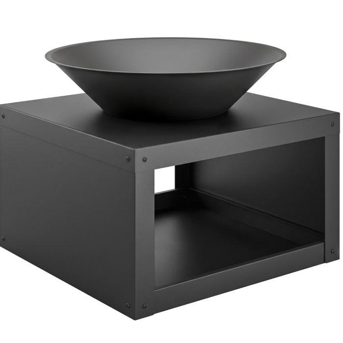 Brasero – Métal – Noir – Ø59 cm – Bois et charbon – Range-bûches ouvert – Poker inclus