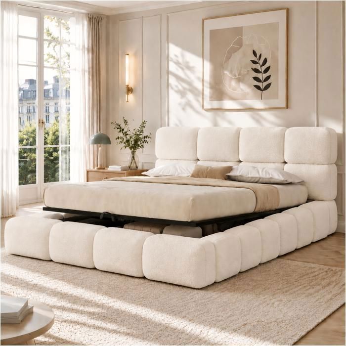 Lit Coffre 160x200 en Bouclé Blanc Design Bubble Sommier Relevable Hydraulique Tête de Lit Matelassée Lit Coffre 160x200 en Bouclé Blanc Design Bubble Sommier Relevable Hydraulique Tête de Lit Matelassée