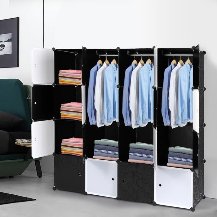 4 couches 16 cubes d'armoire-style de bricolagede avec 3 tringles à vêtements -142*47*142cm -blanc et noir
