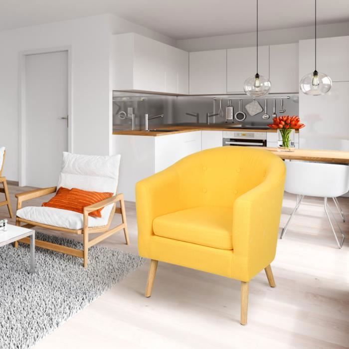 Fauteuil Scandinave YIS - Lin Jaune - Pieds Bois massif - Confortable et Design