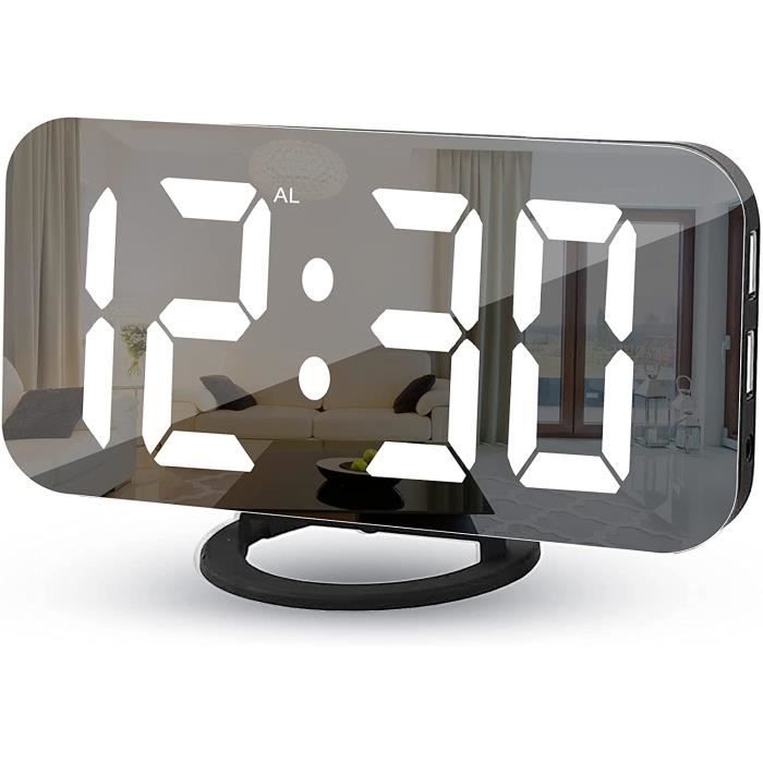Réveil Numérique Miroir OWYELO - LED, Affichage Température, USB, 18 Alarmes, Snooze - Pour Chevet