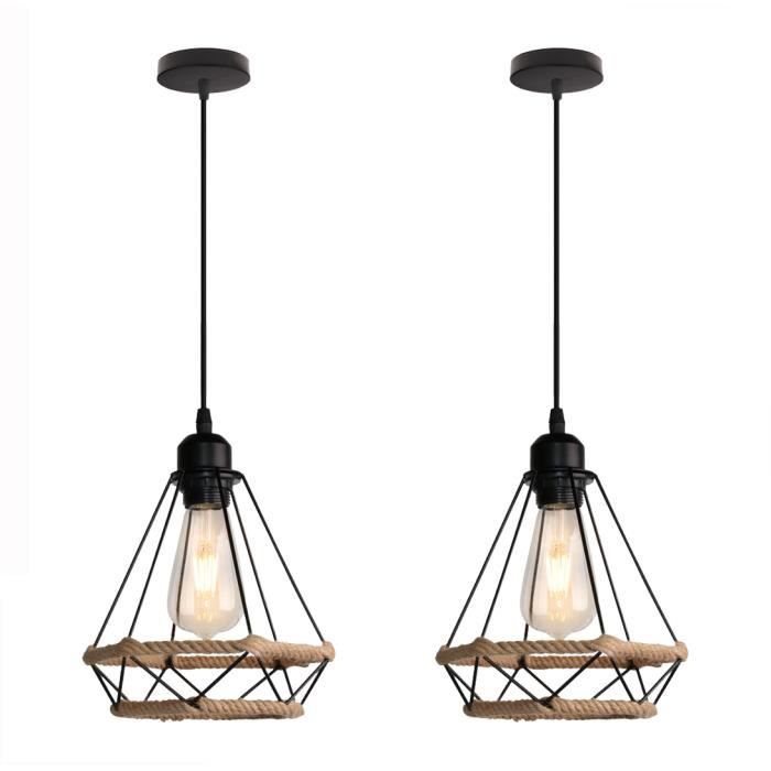 U-Do 2Pcs Rétro Suspension Luminaire Ajustable Industriel en Corde de Chanvre Lampe en Métal Lustre Brillant pour Salon