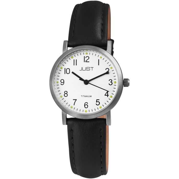 Montre femme - JUST - Kecia - Titane 30 mm - Cadran blanc chiffres arabes - Cuir noir - Étanchéité 5 ATM