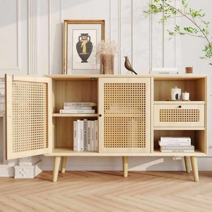 Dripex Buffet Bas 1 Tiroir 2 Portes 2 Niches en Rotin Tressé - Commode Étagères Réglables -Style Contemporain-Bois Massif Naturel