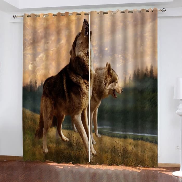 Rideau Salon Occultant 3D Loup Animal De Prairie Motif Rideaux À Oeillets 220X210Cm(Lxh) 2